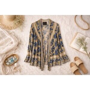Guinevere Floral Linen Cotton Open Cardigan |  Blue Green | XS | Lightweight